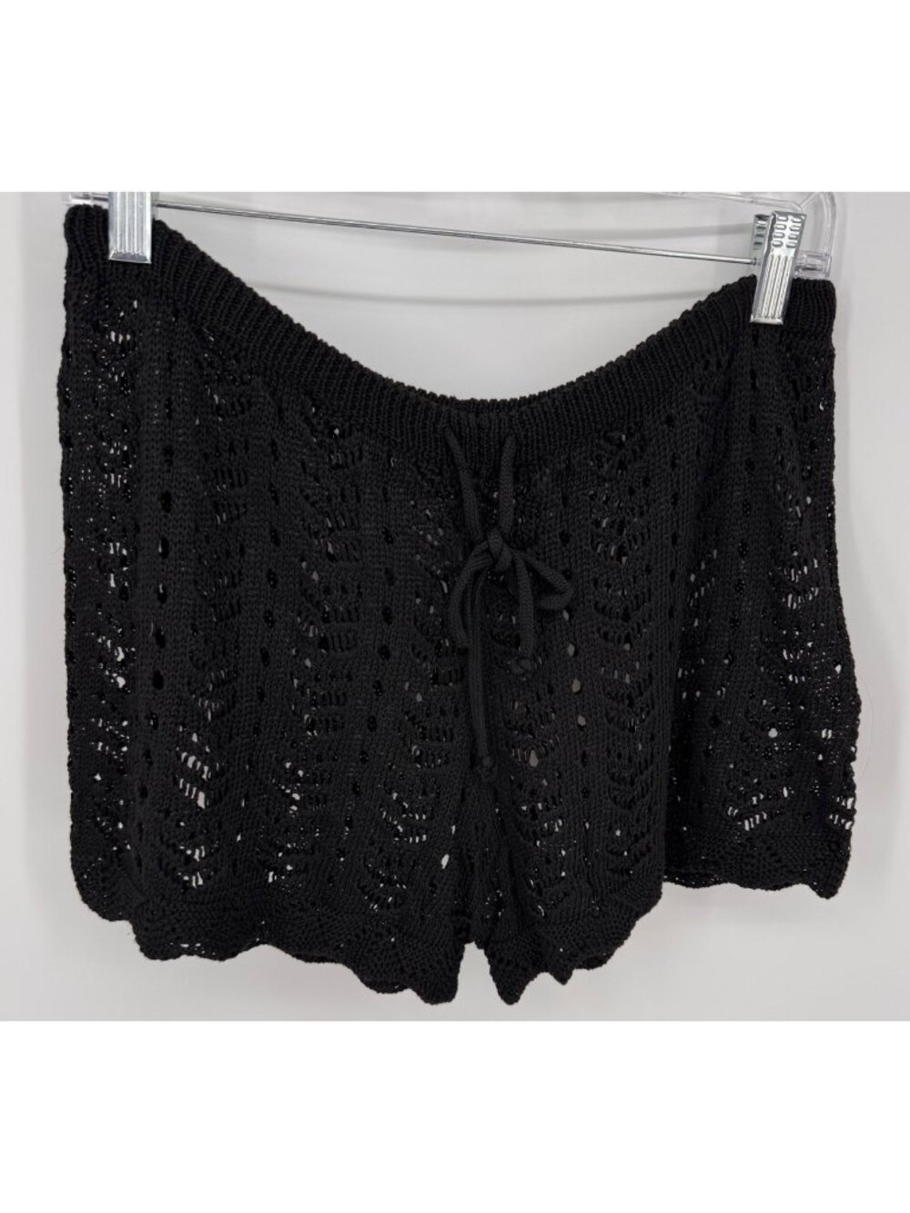 Womens Crochet Knit Black Drawstring Scallop Hem Knit Cover Up Shorts Size L